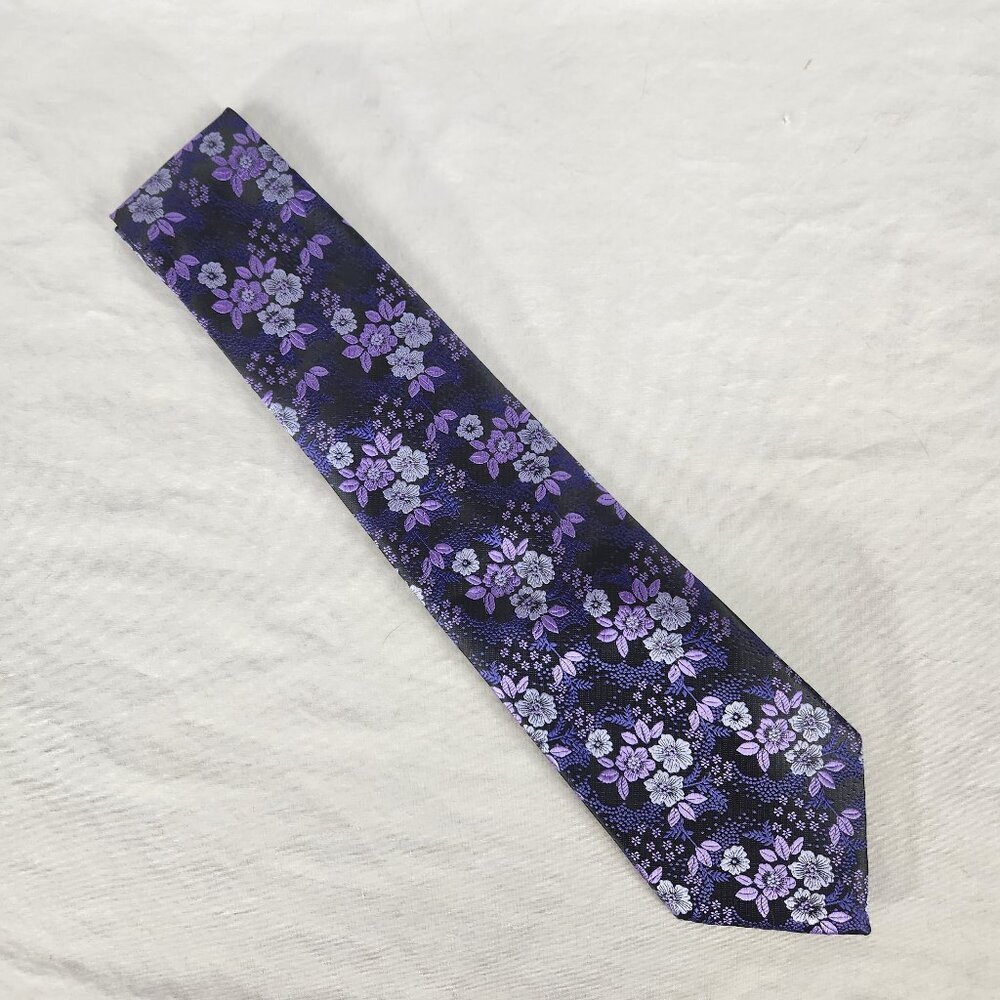 Kai Long Hand Made 100% Silk Black Purple Floral 57 in long 3 1/2 in wide